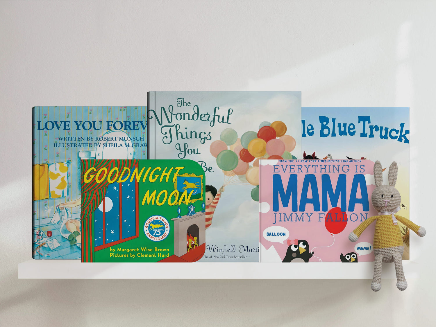 New baby or home book decor ideas featuring Goodnight Moon Jimmy Fallon book Everything is Momma Love you Forever