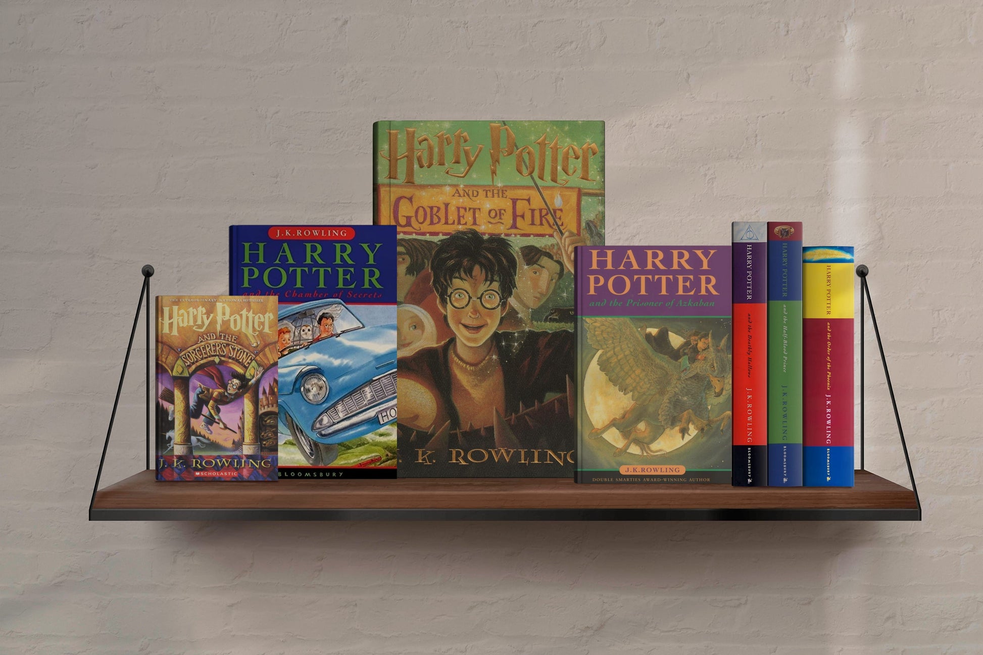 Harry Potter first editions bookshelf poster print shown in a Millenial friendly decor for easy gifting
